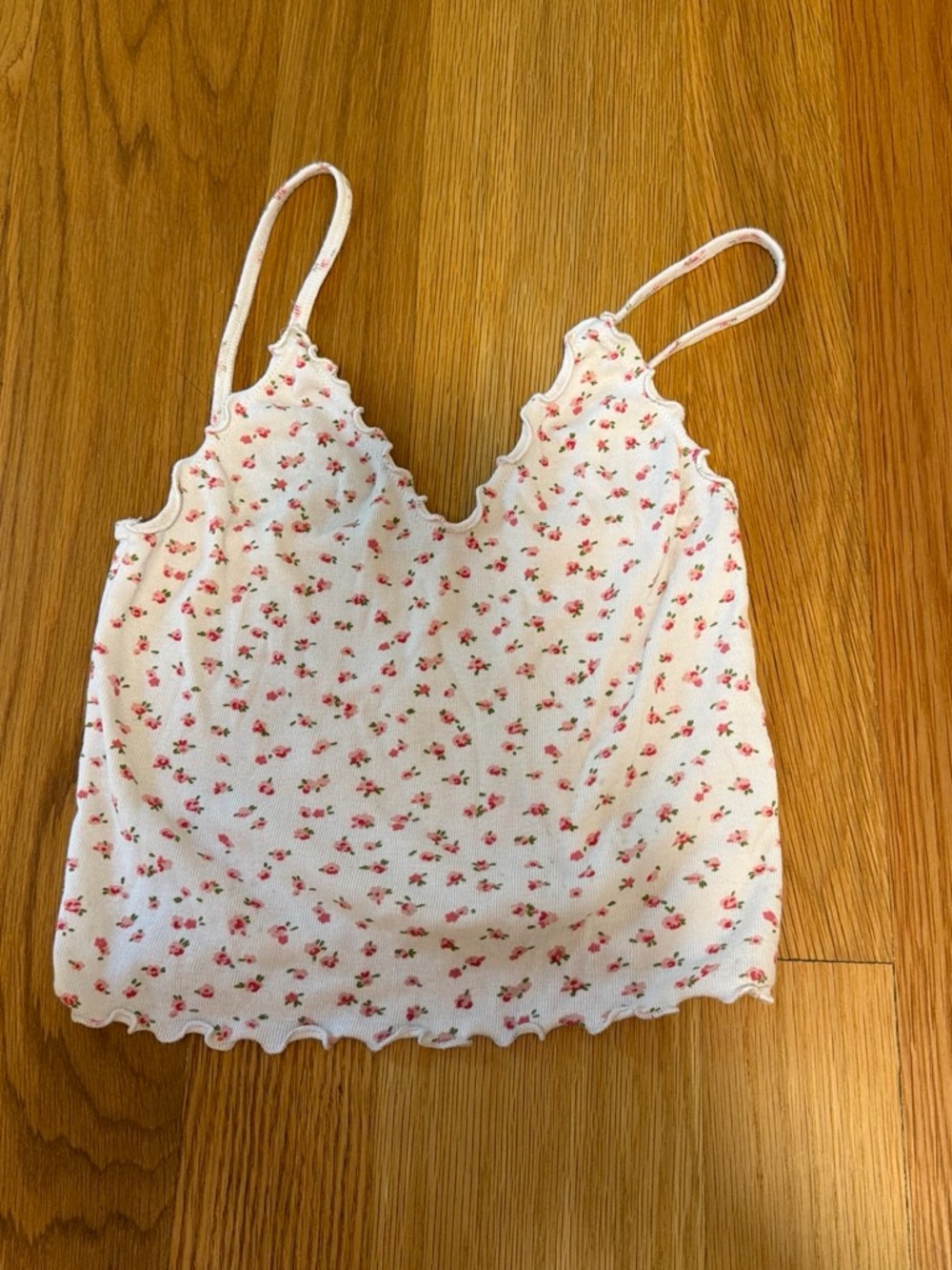 Brandy Melville White Cami with Pink Floral Scalloped Trim